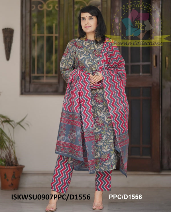 Kalamkari Printed Cotton Kurti With Striped Pant And Malmal Cotton Dupatta-ISKWSU0907PPC/D1556