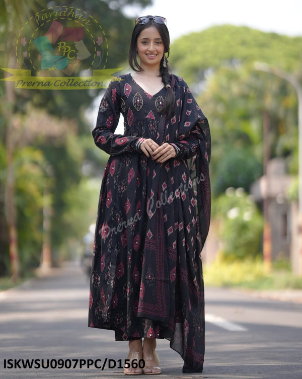 Ikkat Printed Cotton Anarkali Kurti With Pant And Malmal Cotton Dupatta-ISKWSU0907PPC/D1560