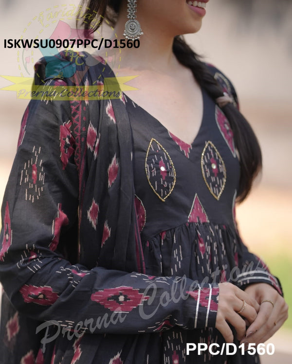 Ikkat Printed Cotton Anarkali Kurti With Pant And Malmal Cotton Dupatta-ISKWSU0907PPC/D1560