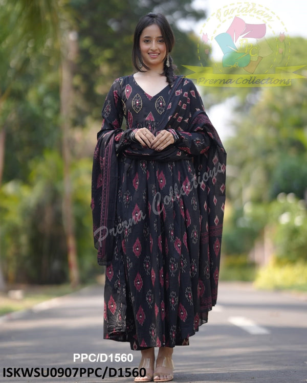 Ikkat Printed Cotton Anarkali Kurti With Pant And Malmal Cotton Dupatta-ISKWSU0907PPC/D1560