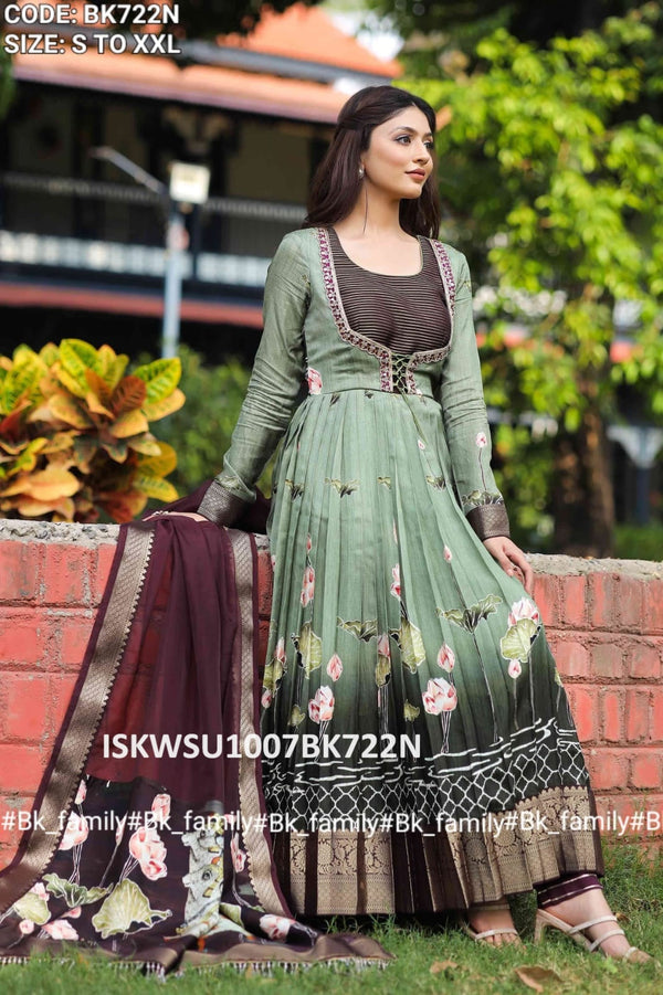 Kalamkari Printed Banarasi Silk Anarkali Kurti Pant And With Organza Dupatta-ISKWSU1007BK722N