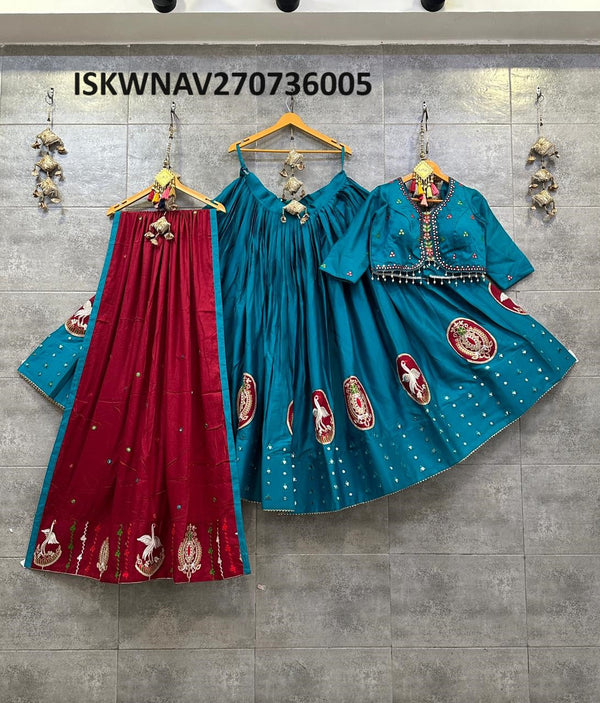 Embroidered Cotton Lehenga With Blouse And Hand Block Printed Malmal Cotton Dupatta-ISKWNAV270736005