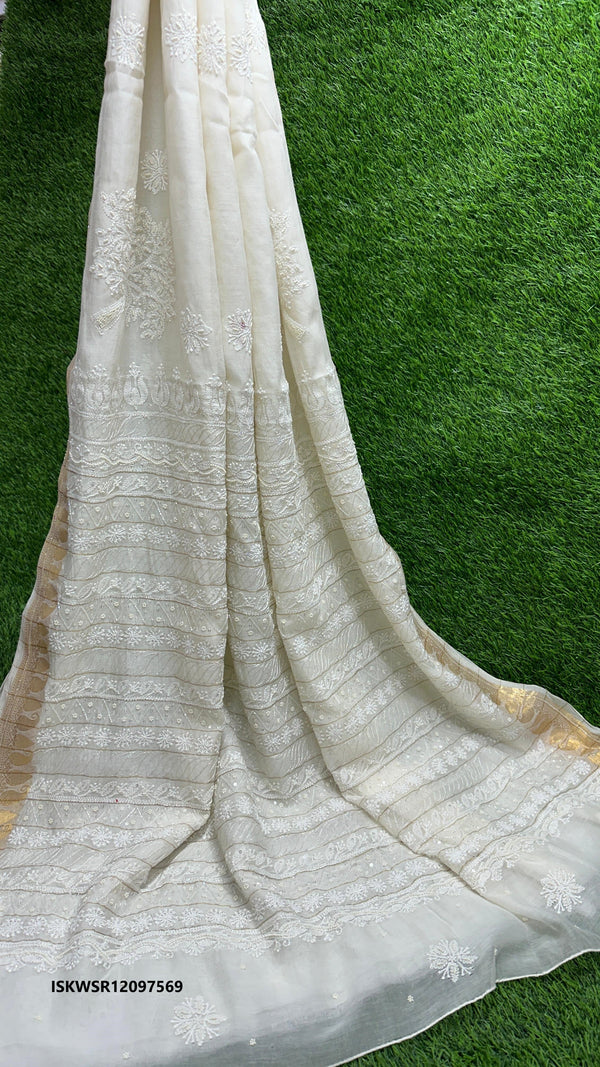 Dyable  Malmal Chanderi Silk Chikankari Saree With Blouse-ISKWSR12097569