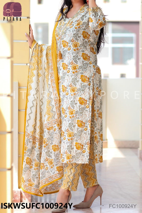 Printed Cotton Kurti With Pant And Dupatta-ISKWSUFC100924Y