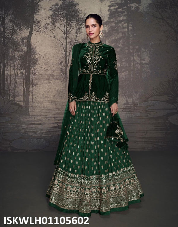 Embroidered Velvet Top With Silk Lehenga And Velvet Dupatta-ISKWLH01105602