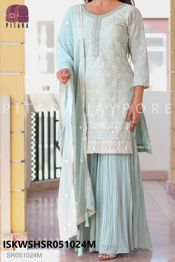 Chikankari Georgette Kurti With Sharara And Dupatta-ISKWSHSR051024W/SR051024M