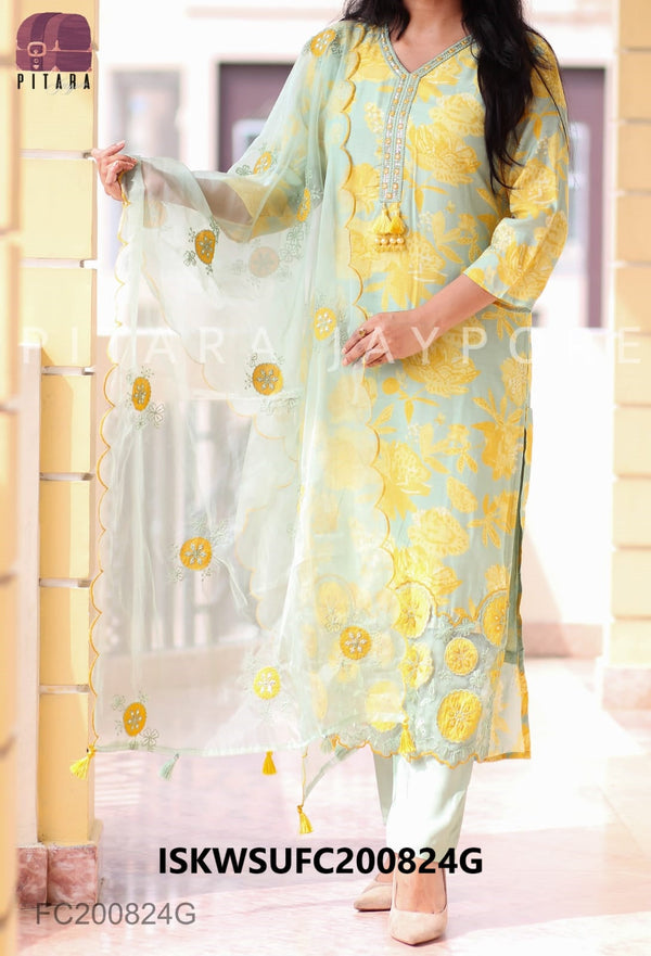 Printed Maslin Kurti With Pant And Organza Dupatta-ISKWSUFC200824G