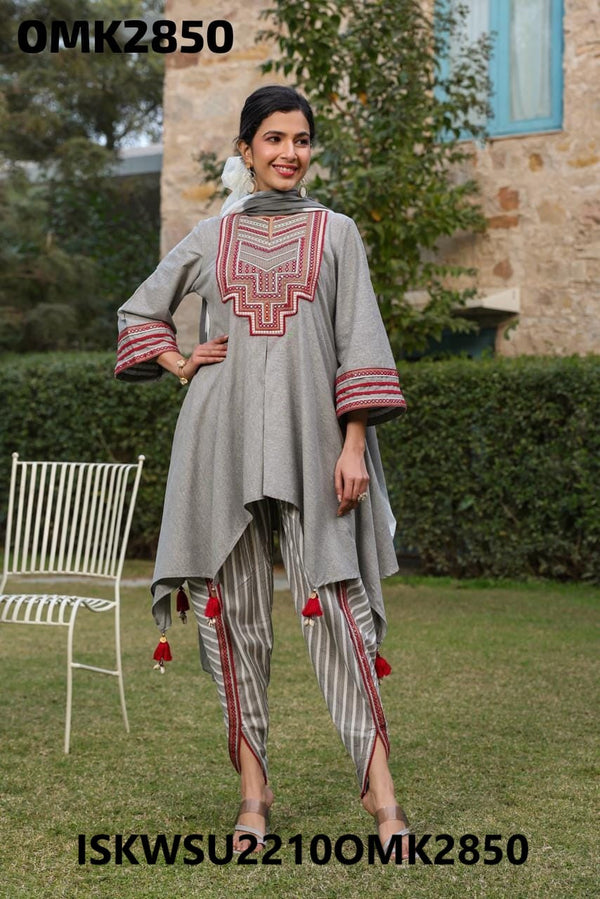 Embroidered Cotton Kurti With Dhoti Pant And Shaded Dupatta-ISKWSU2210OMK2850