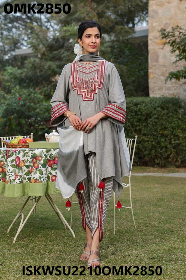 Embroidered Cotton Kurti With Dhoti Pant And Shaded Dupatta-ISKWSU2210OMK2850