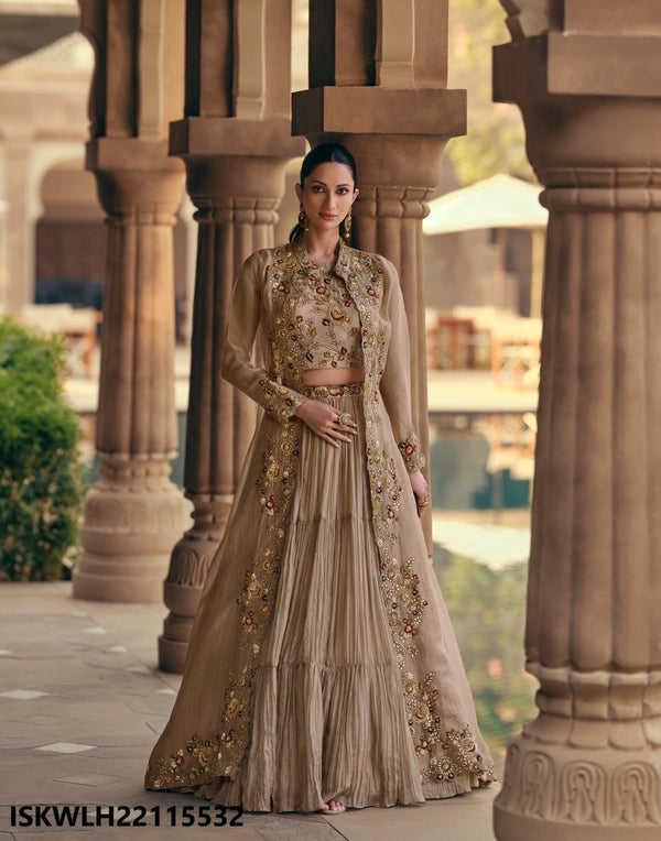 Georgette Lehenga With Chinon Silk Blouse And Embroidered Shrug-ISKWLH22115532