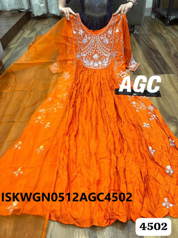 Embroidered Maslin Silk Gown With Organza Dupatta-ISKWGN0512AGC4502