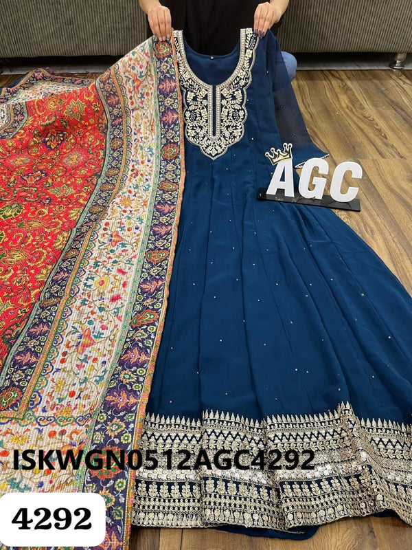 Embroidered Chanderi Silk Gown With Digital Printed Dupatta-ISKWGN0512AGC4292