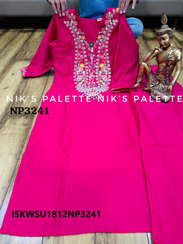 Embroidered Maslin Silk Kurti With Pant And Banarasi Silk Dupatta-ISKWSU1812NP3241