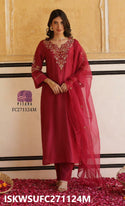 Embroidered Silk Kurti With Pant And Organza Dupatta-ISKWSUFC271124G/FC271124M