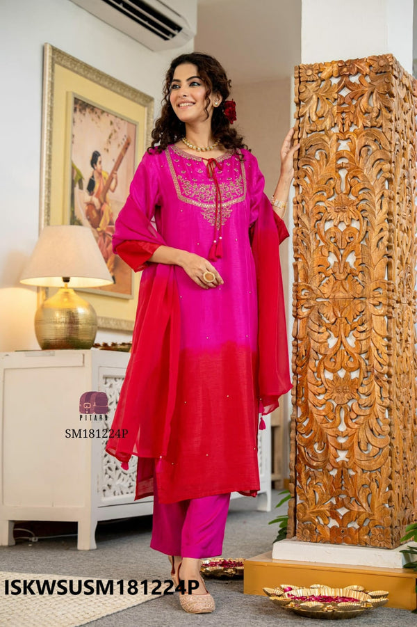 Embroidered Dola Silk Kurti With Silk Pant And Organza Dupatta-ISKWSUSM181224P