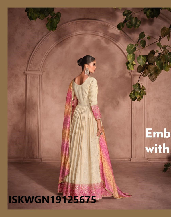 Embroidered Simmer Viscose Jacquard Gown With Bandhani Printed Dupatta-ISKWGN19125674/25675