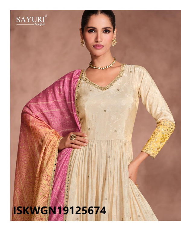 Embroidered Simmer Viscose Jacquard Gown With Bandhani Printed Dupatta-ISKWGN19125674/25675