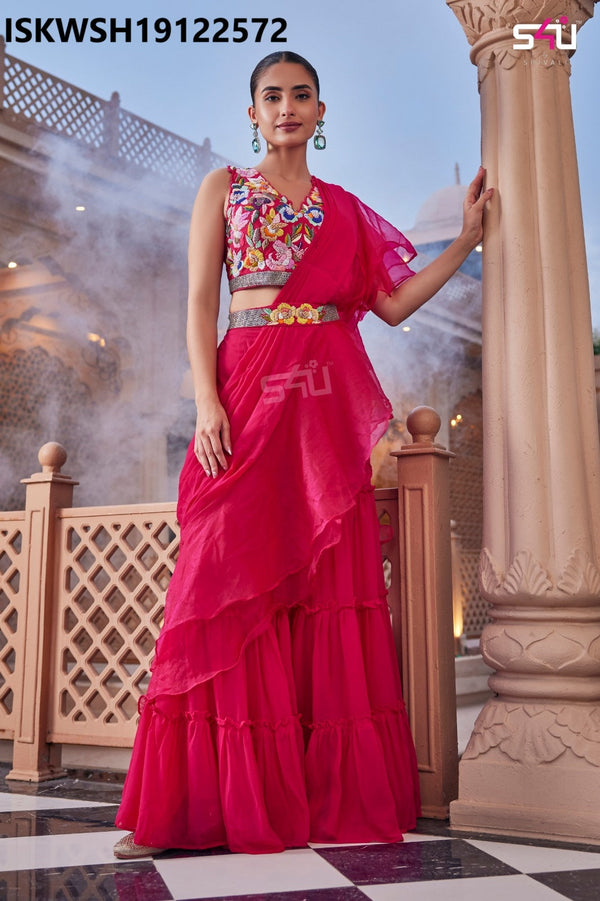 Organza Sharara Attached With Drape And  Embroidered Silk Top-ISKWSH19122572