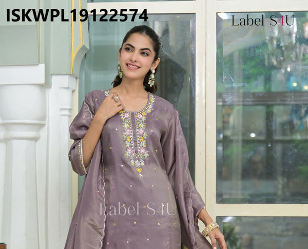 Embroidered Silk Kurti With Palazzo And Dupatta-ISKWPL19122574