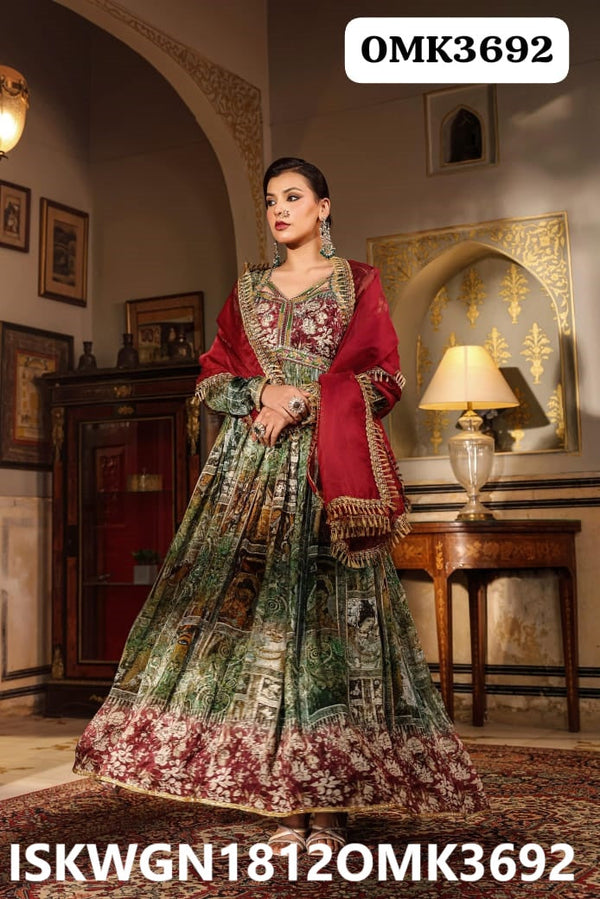 Printed Chinon Gown With Organza Dupatta-ISKWGN1812OMK3692