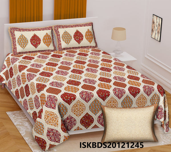 Ajrakh Printed Cotton King Size Bedsheet With Pillow Cover-ISKBDS20121245