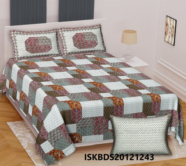 Ajrakh Printed Cotton King Size Bedsheet With Pillow Cover-ISKBDS20121243