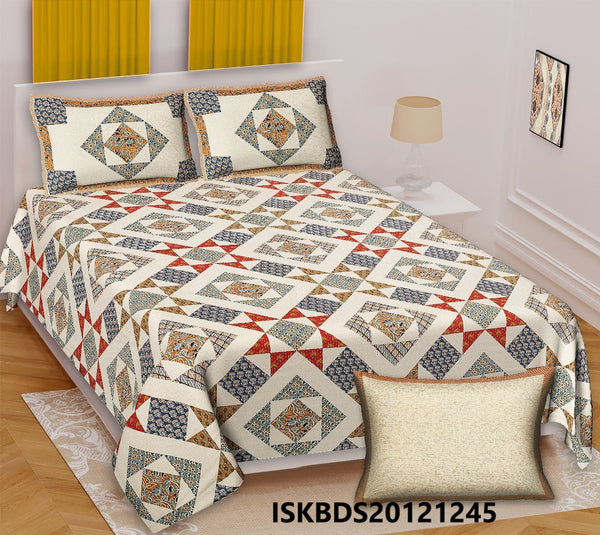 Ajrakh Printed Cotton King Size Bedsheet With Pillow Cover-ISKBDS20121245