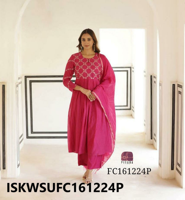 Embroidered Malmal Chanderi Kurti With Silk Pant And Dupatta-ISKWSUFC161224P/FC201224B