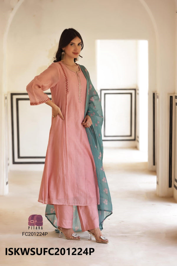 Embroidered Malmal Chanderi Kurti With Silk Pant And Dupatta-ISKWSUFC201224P