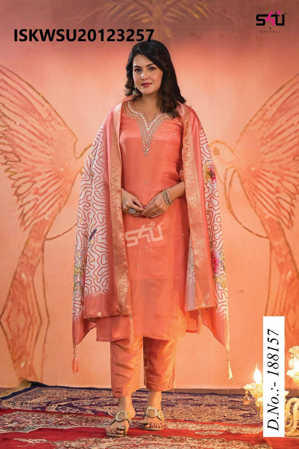 Embroidered Silk Kurti With Pant And Printed Dupatta-ISKWSU20123257