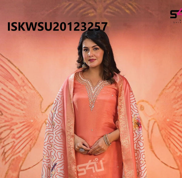 Embroidered Silk Kurti With Pant And Printed Dupatta-ISKWSU20123257