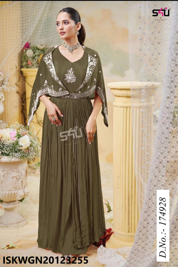 Embroidered Silk Gown Attached With Cape-ISKWGN20123255