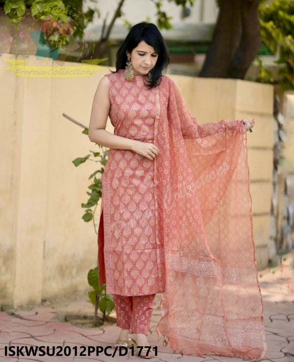 Hand Block Printed Cotton Kurti With Pant And Kota Doriya Dupatta-ISKWSU2012PPC/D1771