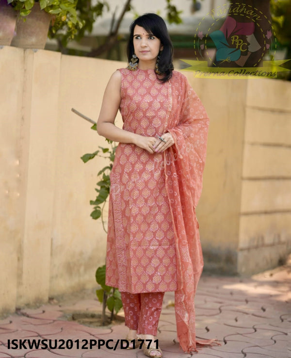 Hand Block Printed Cotton Kurti With Pant And Kota Doriya Dupatta-ISKWSU2012PPC/D1771