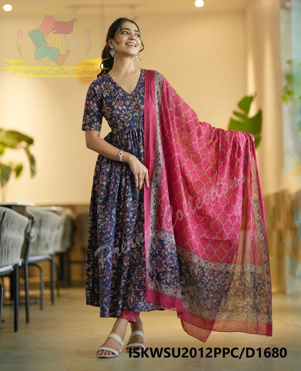 Kalamkari Printed Cotton Anarkali Kurti With Pant And Malmal Cotton Dupatta-ISKWSU2012PPC/D1680