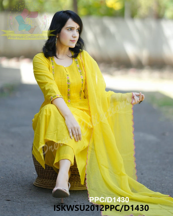 Embroidered Cotton Kurti With Pant And Kota Doriya Dupatta-ISKWSU2012PPC/D1430