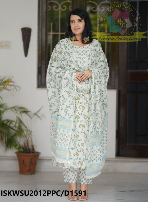 Kalamkari Printed Cotton Anarkali Kurti With Pant And Malmal Cotton Dupatta-ISKWSU2012PPC/D1591