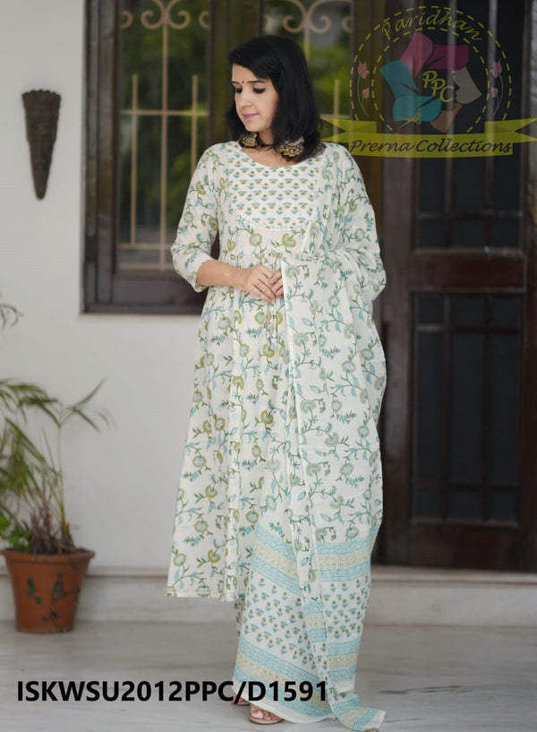 Kalamkari Printed Cotton Anarkali Kurti With Pant And Malmal Cotton Dupatta-ISKWSU2012PPC/D1591