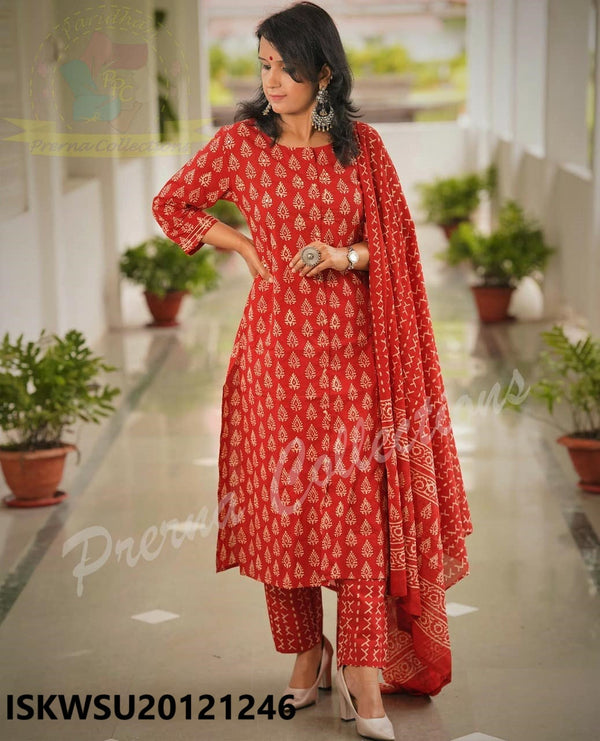 Printed Cotton Anarkali Kurti With Pant And Dupatta-ISKWSU20121246