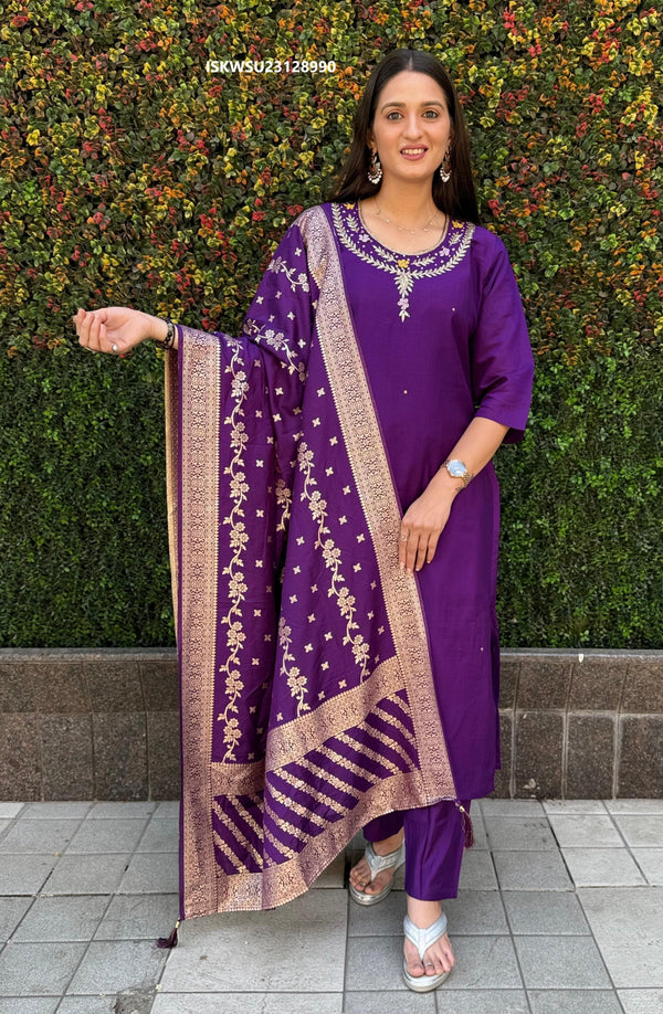 Embroidered Silk Kurti With Pant And Banarasi Silk Dupatta-ISKWSU23128990