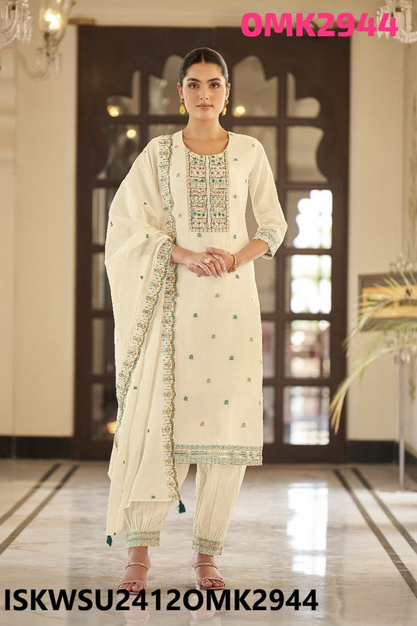 Embroidered Cotton Jacquard Kurti With Afghani Pant And Dupatta-ISKWSU2412OMK2944