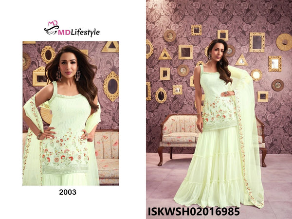 Embroidered Georgette Kurti With Sharara And Net Dupatta-ISKWSH02016985