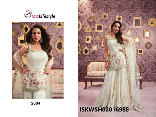 Embroidered Georgette Kurti With Sharara And Net Dupatta-ISKWSH02016985