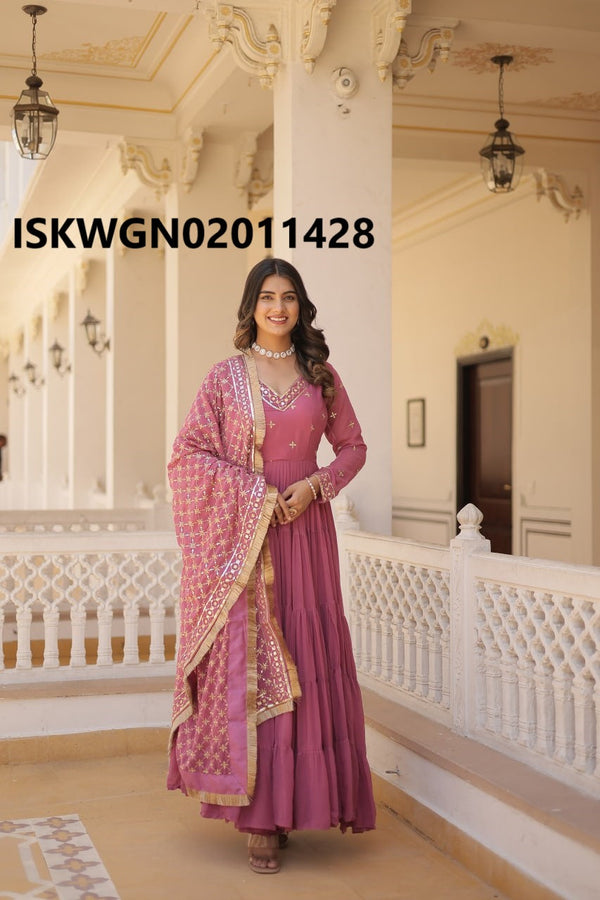 Embroidered Georgette Gown With Dupatta-ISKWGN02011428