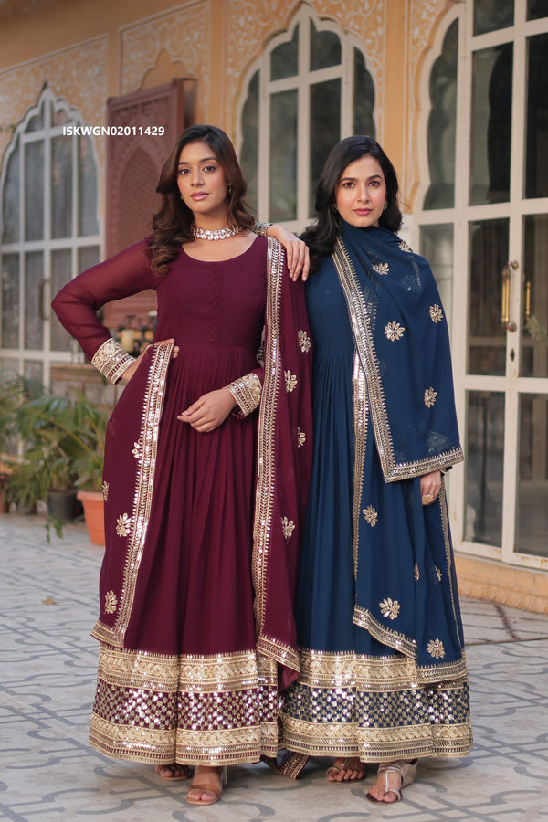 Embroidered Georgette Gown With Dupatta-ISKWGN02011429