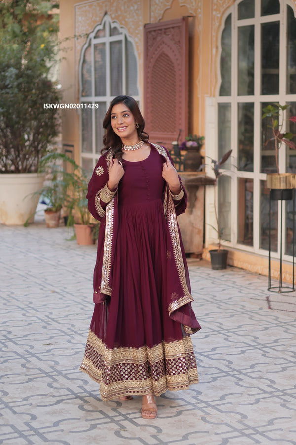 Embroidered Georgette Gown With Dupatta-ISKWGN02011429