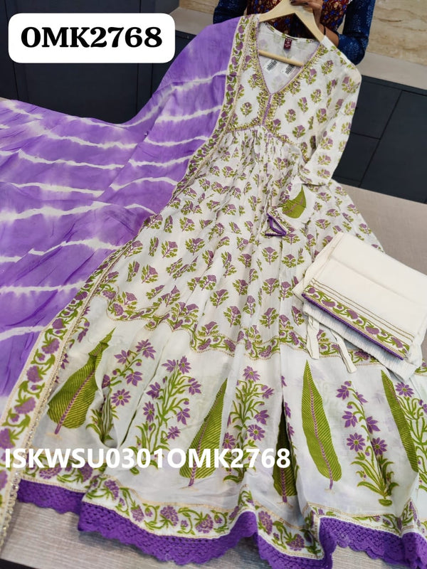 Digital Floral Printed Malmal Cotton Anarkali Kurti With Palazzo And Lehariya Printed Dupatta-ISKWSU0301OMK2768