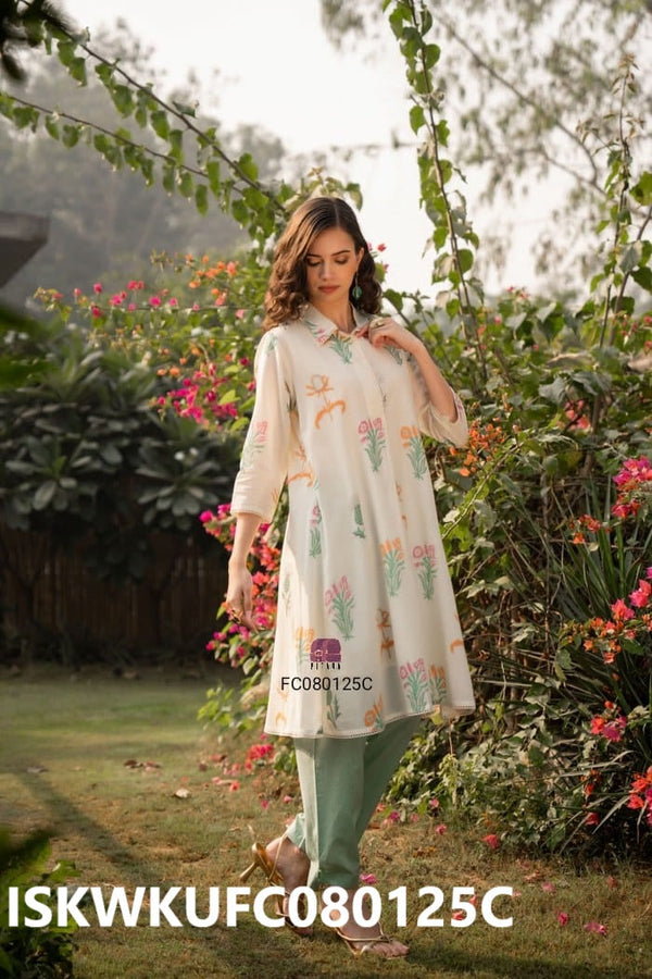 Hand Block Printed Malmal Cotton Flared Kurti With Pant-ISKWKUFC080125C