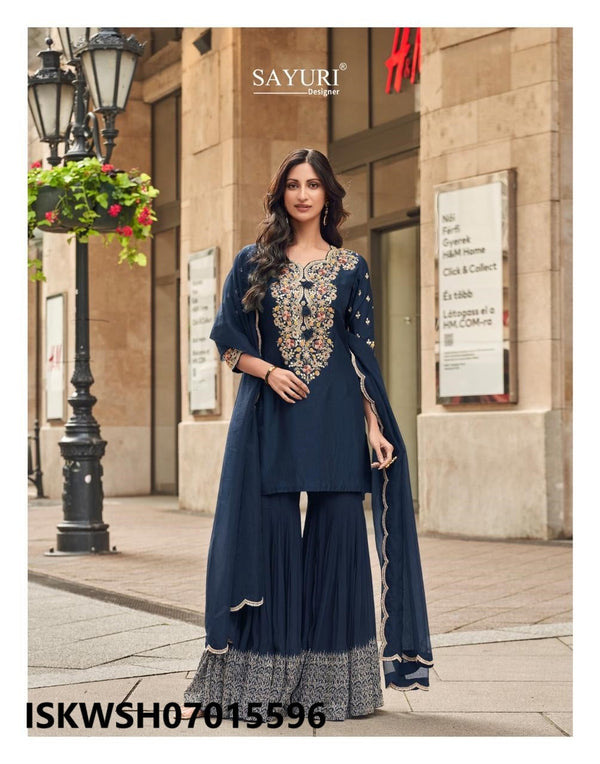 Embroidered Silk Kurti With Georgette Sharara And Organza Silk Dupatta-ISKWSH07015596