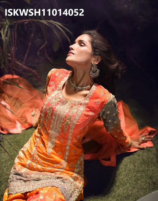 Embroidered Chinon Silk Kurti With Palazzo And Net Dupatta-ISKWSH11014052